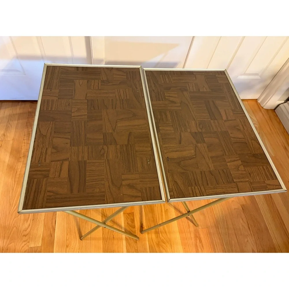 Vintage Set of 2 MCM  Folding TV Tray Tables Faux Parquet Wood P93 23 X 15 X 25